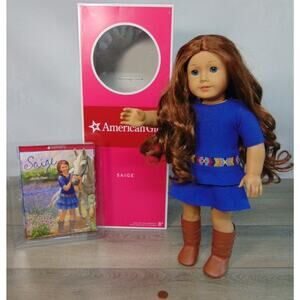 MIB American Girl 18" SAIGE DOLL & MEET OUTFIT Dress BOOK Red Hair Blue Eyes BOX